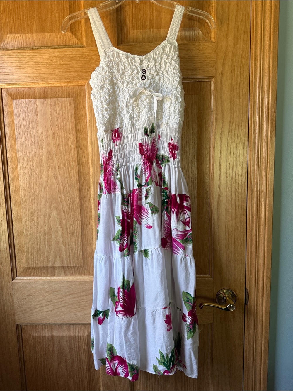 White Floral Smocked Sundress - Pink Hibiscus Print